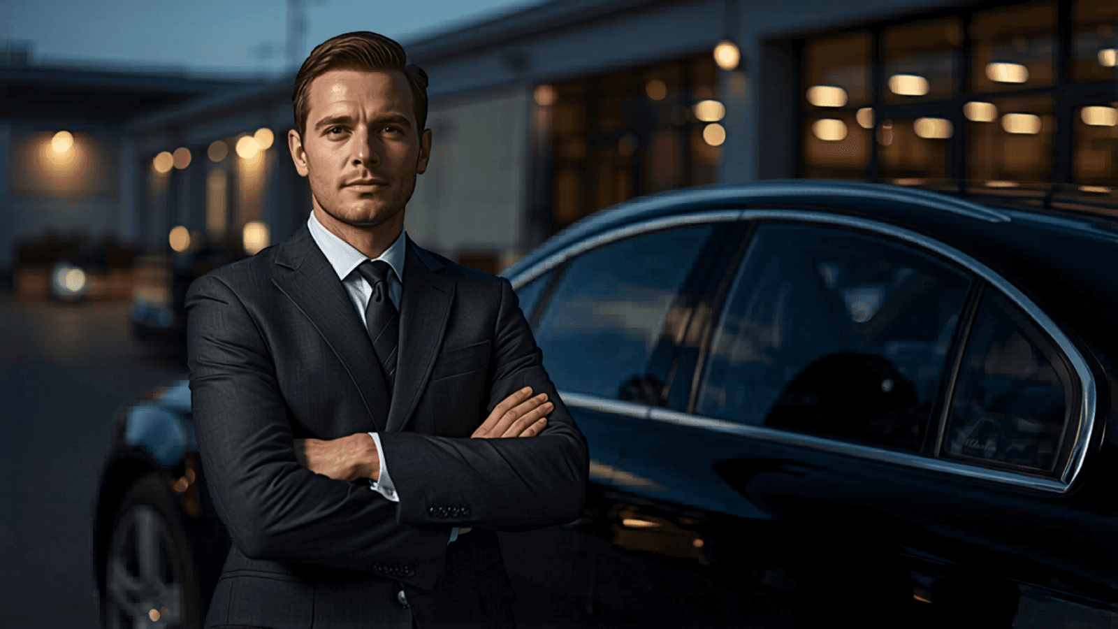 Professional KIBBU chauffeur in a tailored suit beside a black executive vehicle